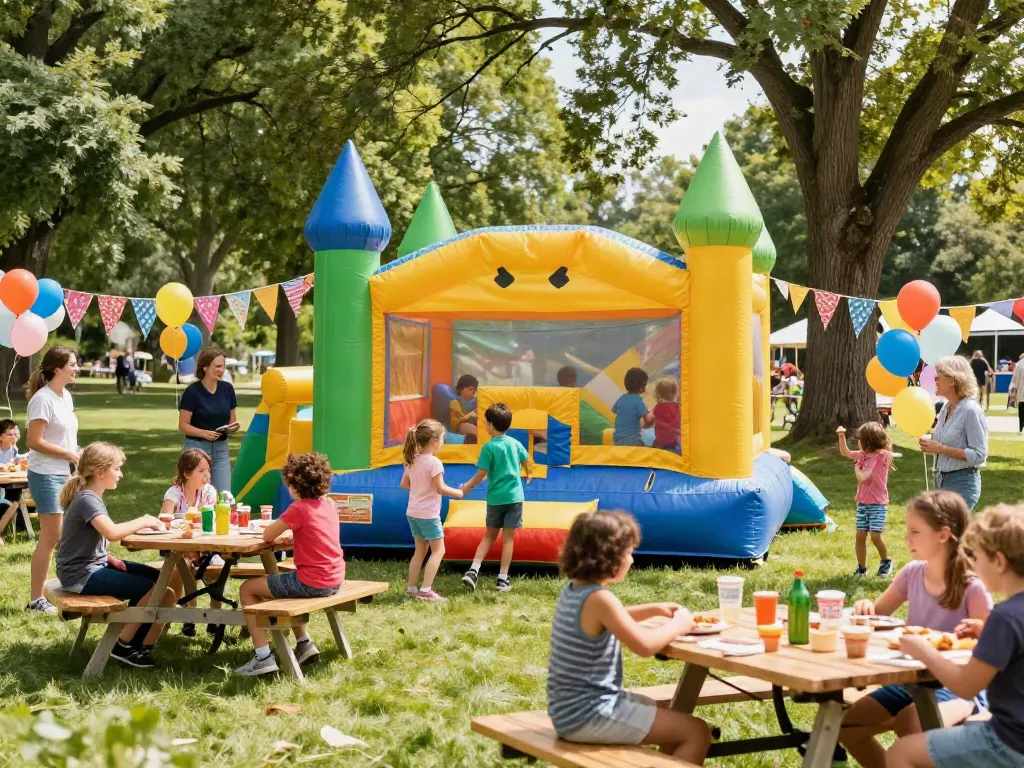 Bounce castle filled with happy children playing at a lively outdoor party.