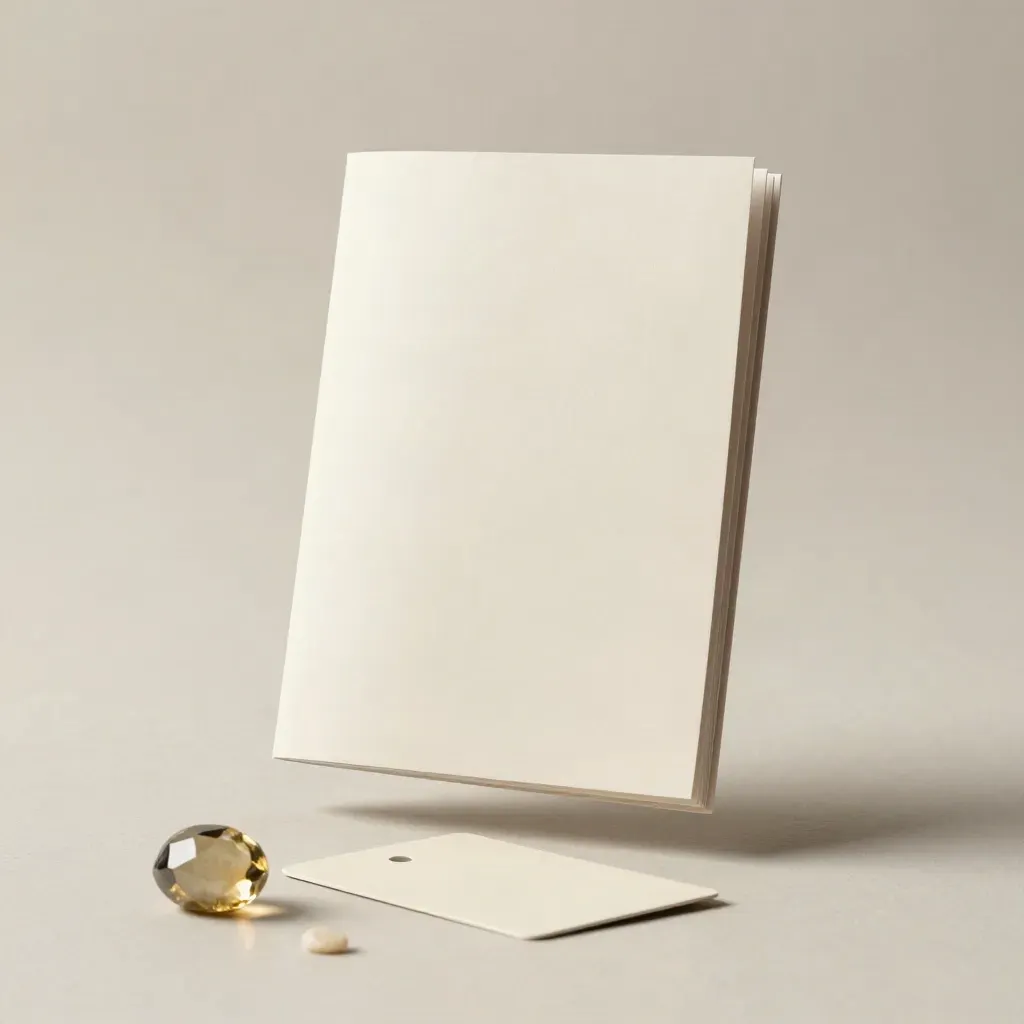 Floating finance booklet with glass pebble, folded card and stone chip on pale plaster.