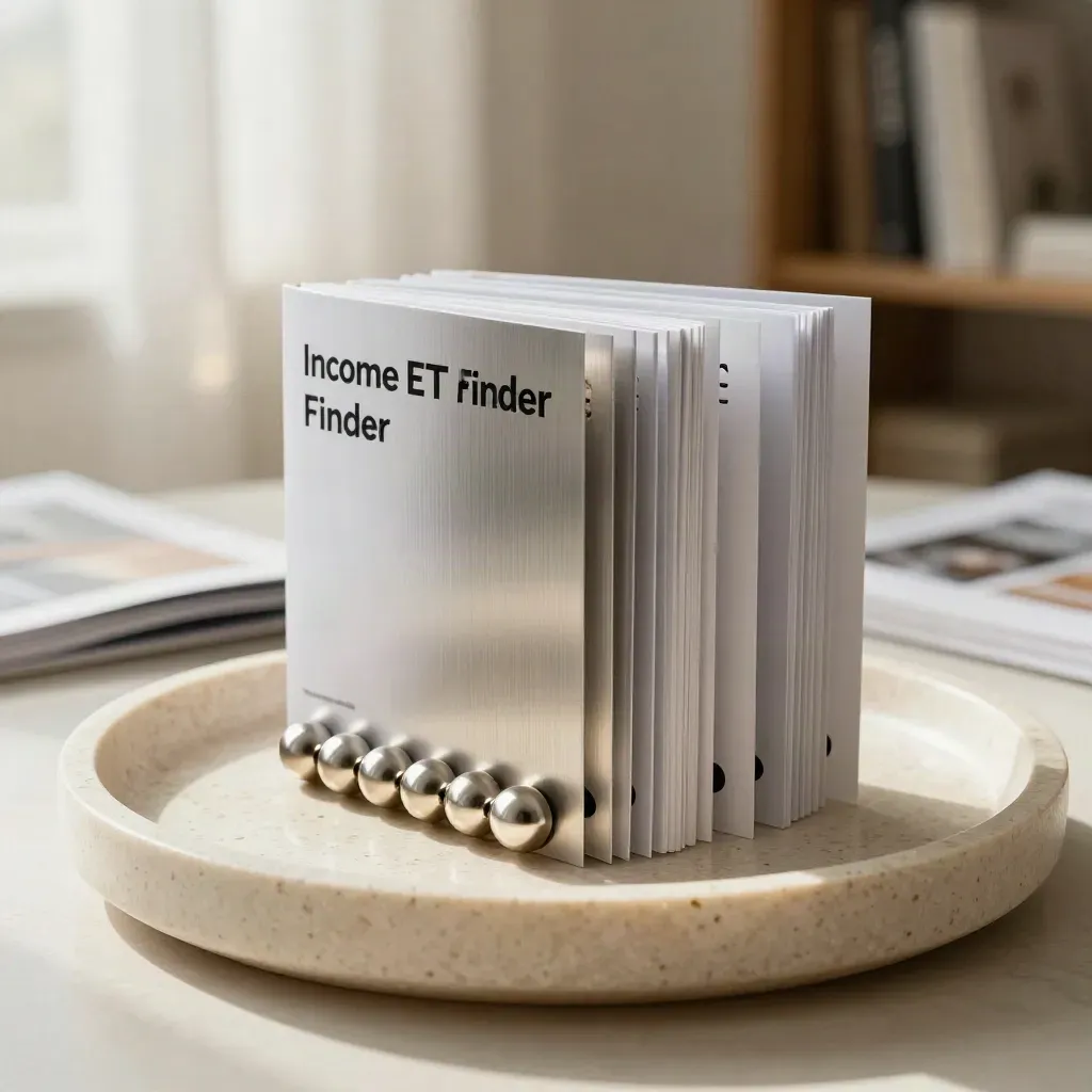 Compact financial guide booklet with translucent tabs on a stone dish in soft daylight.