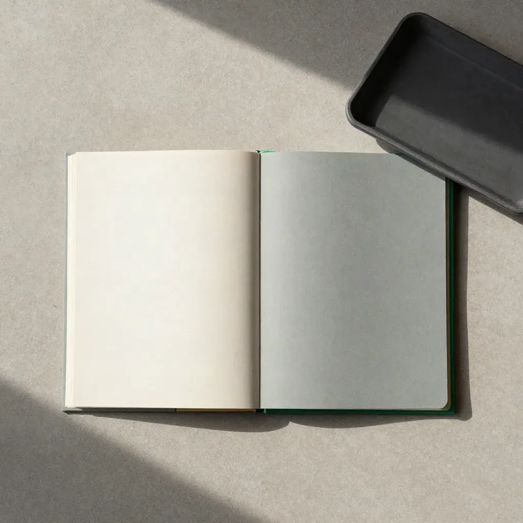 Overhead flatlay of a booklet, paper swatch and graphite tray on warm concrete.