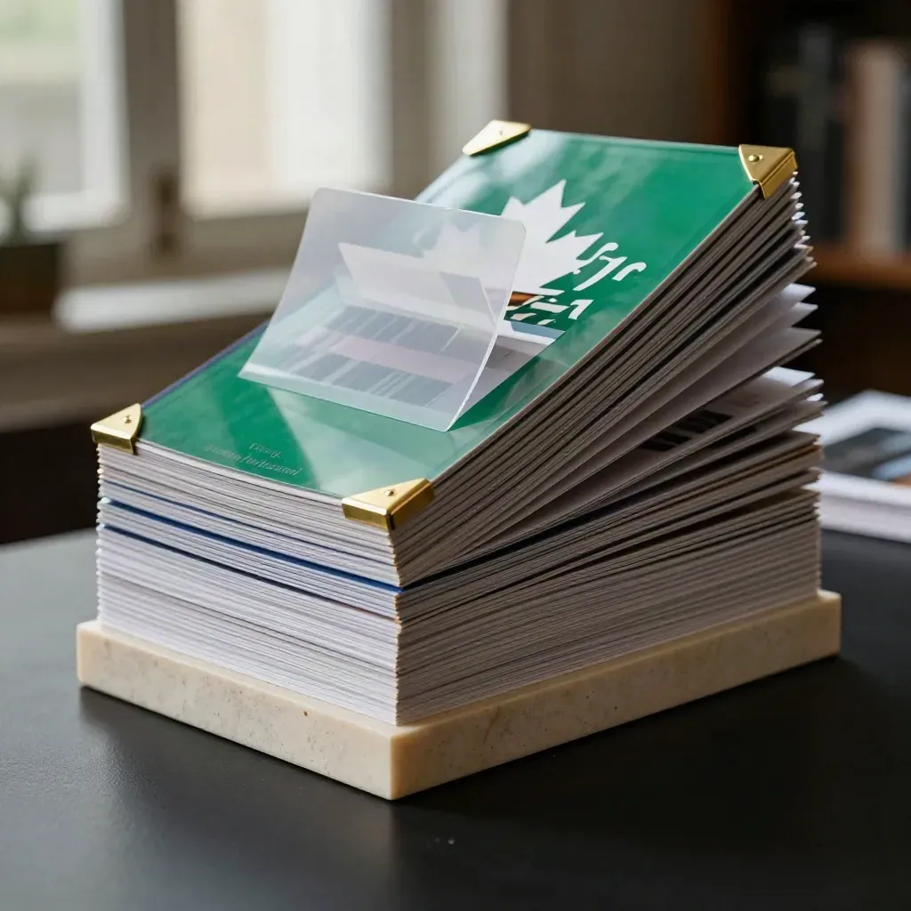 Emerald, gold and navy report bundle on a dark studio surface, shot low and dramatic.