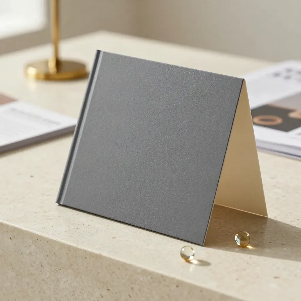 Slate booklet with cream insert, stone chip and glass bead on travertine, softly lit in studio.