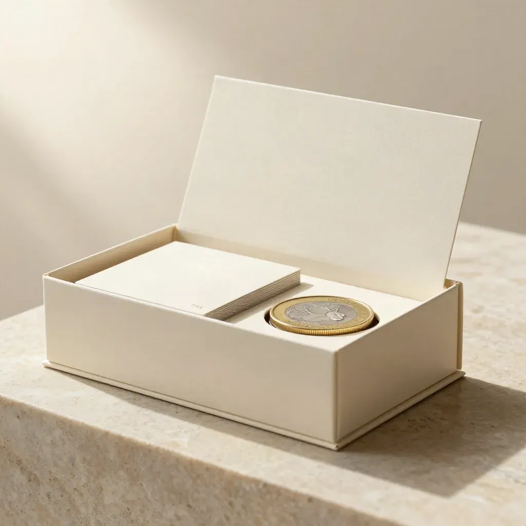 Cream TFSA kit box set with cards, coin dish and stone block on pale limestone.