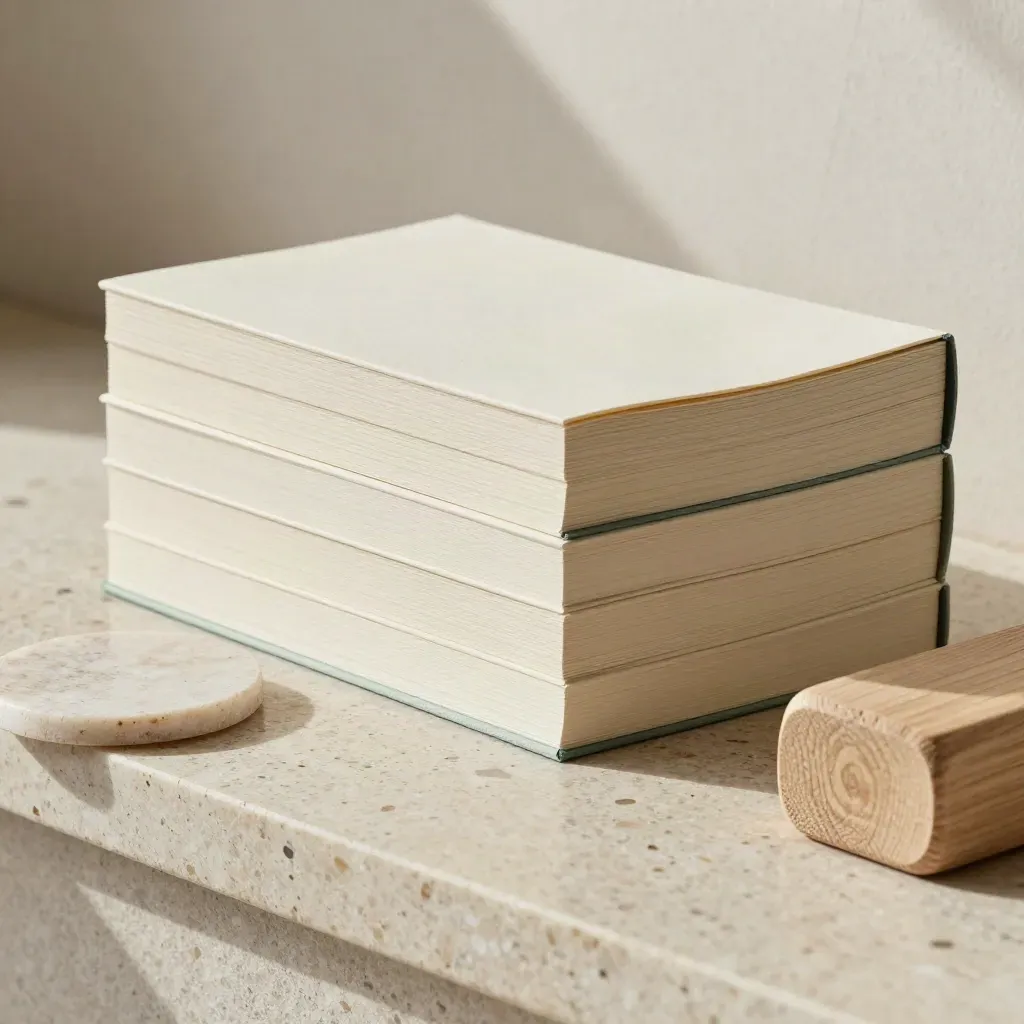 Matte prairie guides stacked with stone and oak on a travertine ledge in soft daylight.